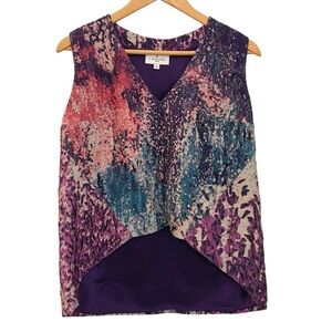 J. Mendel Silk Broche V-Neck Abstract High Low Blouse Sleeveless Top Purple 8